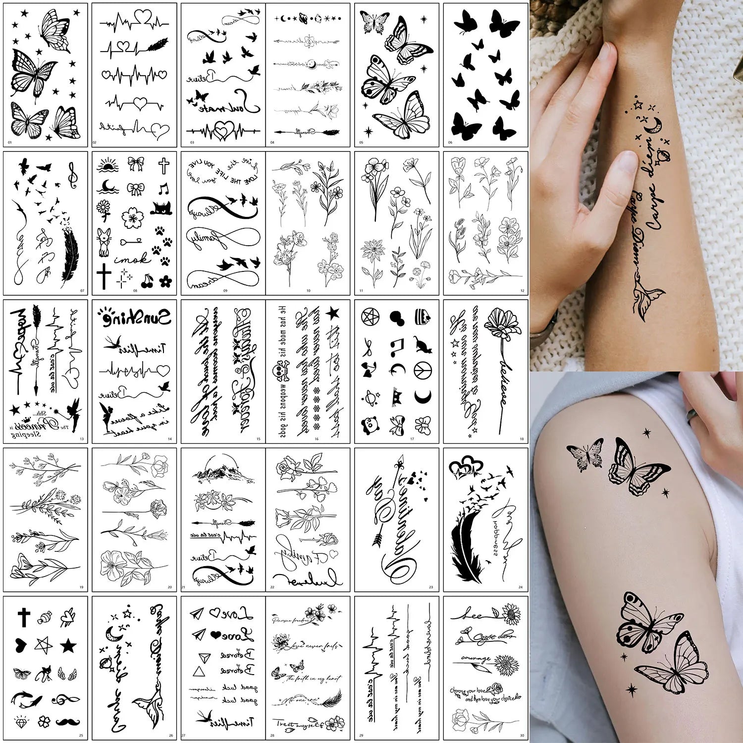 30 Tatouages Éphémères Femme - Papillon, Fleurs & Cœur
