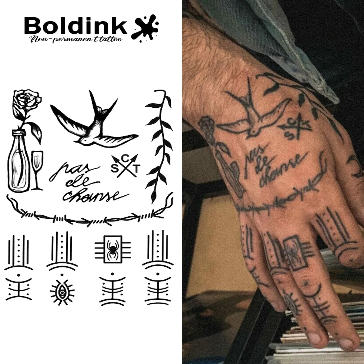 Tatouage Éphémère Hirondelle & Symboles Mystiques – Semi-Permanent 15 Jours