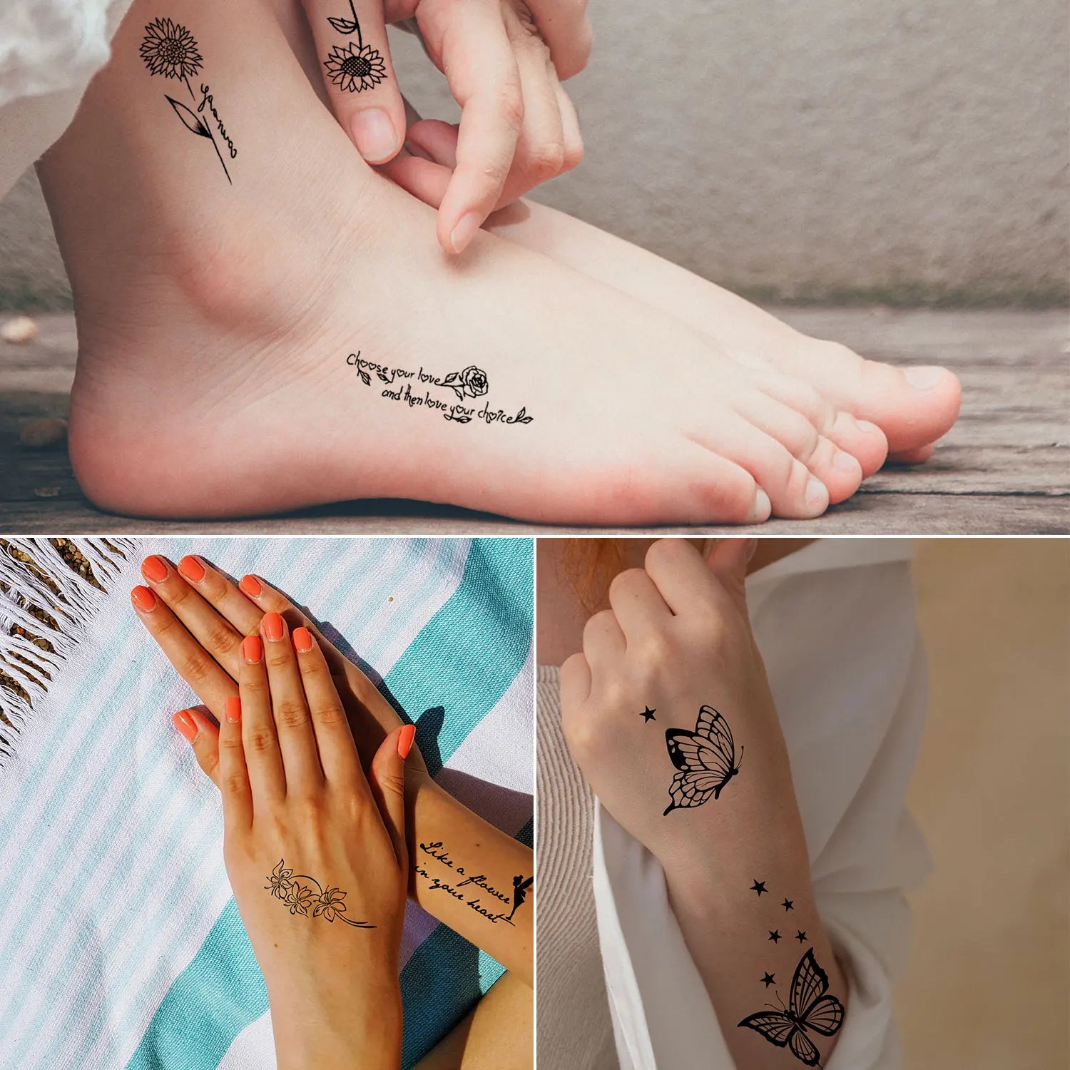 30 Tatouages Éphémères Femme - Papillon, Fleurs & Cœur